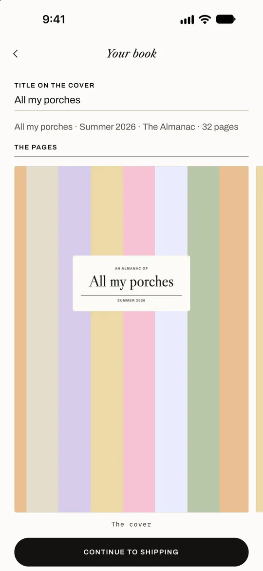 The app’s Your book screen: the striped pastel cover of an almanac titled All my porches, Summer 2026, 32 pages.