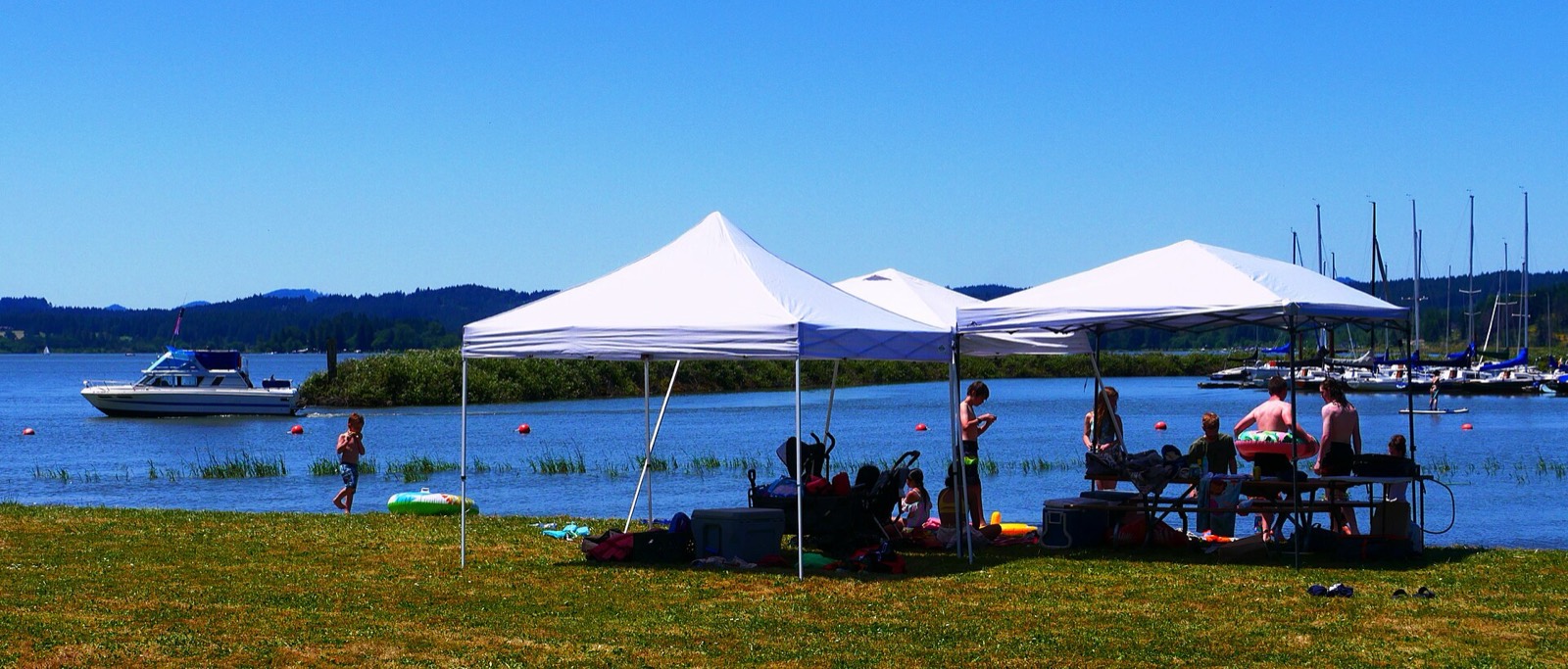 A family under three white canopies at the edge of a lake, a boy wading, coolers and a stroller on the grass.